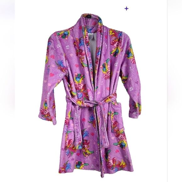 Trolls Girl's 10/12 Poppy Minky Plush Fleece Bathrobe Pink Robe Pockets Belted - Picture 2 of 8